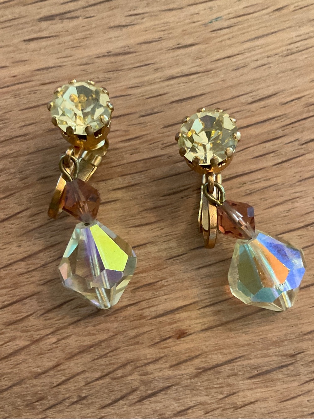 Mid Century Vintage Austrian Signed AB Crystal Drop Clip On Earrings.